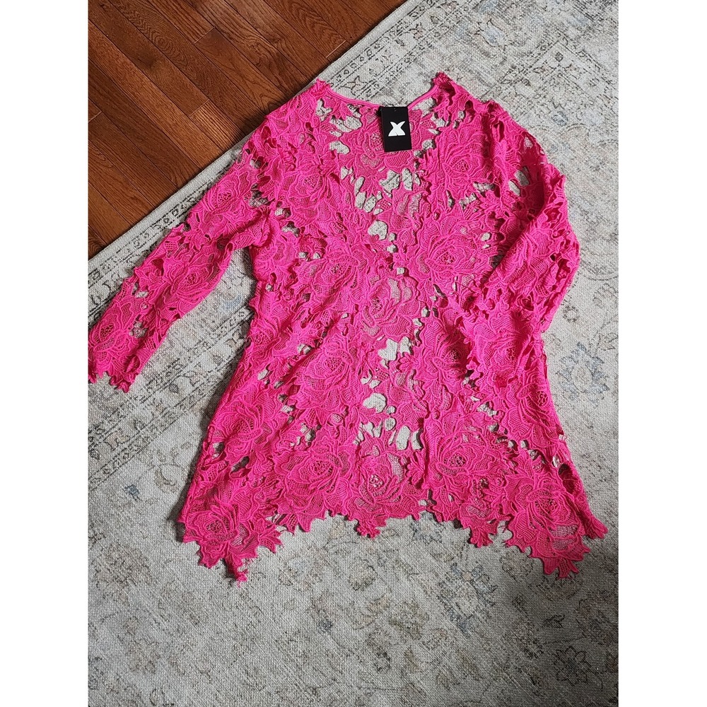 XPluswear Floral Lace Cardigan Fuchsia Pink Barbiecore Coastal Beach Coverup XL